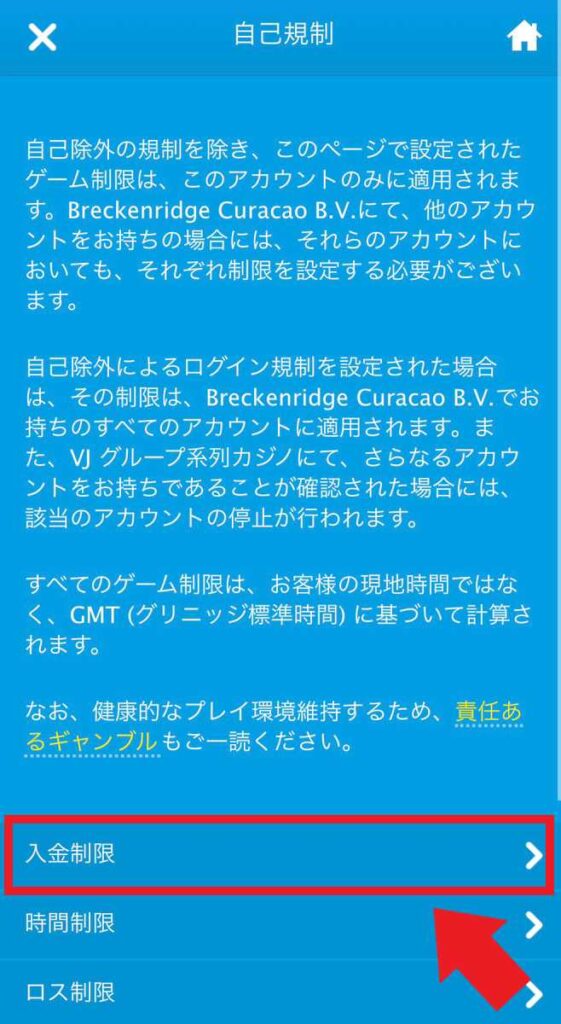 「入金制限」をタップ