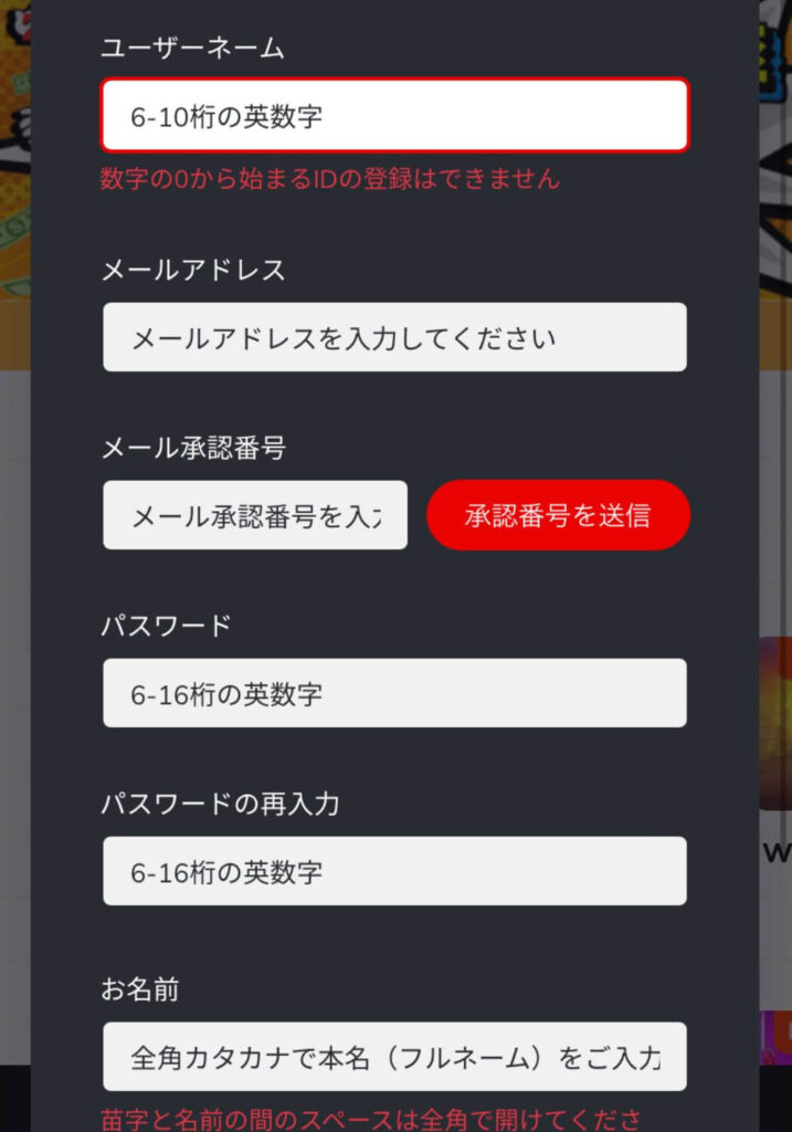 ユーザーネームとメールアドレスを入力