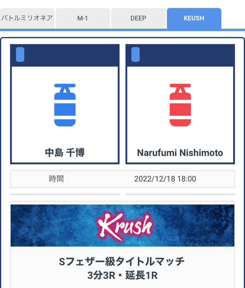 スペシャルベットとは、ほかのブックメーカーにはないBeeBet独自のベットです。画像はKrushの対戦表ですが、ケンカバトルロワイアルがベット対象になると、ここに試合とオッズが表示されます。